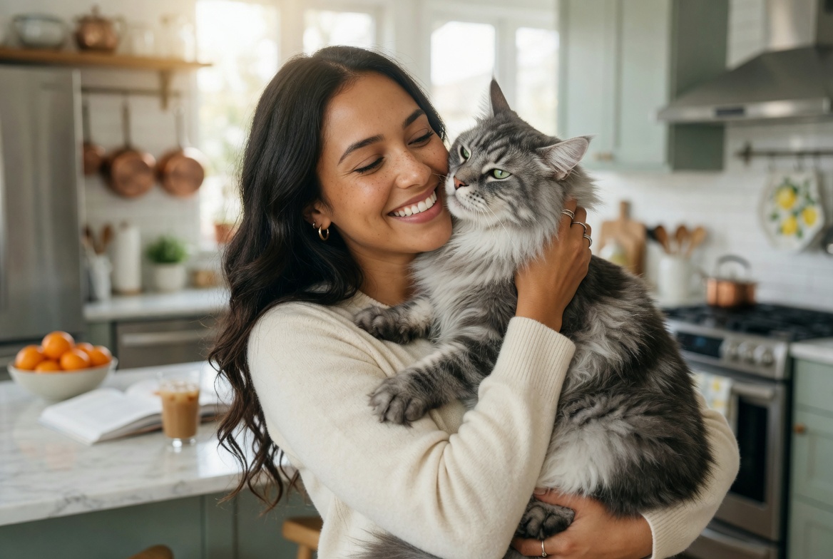 Brunette hugging Maine Coon kitten in kitchen